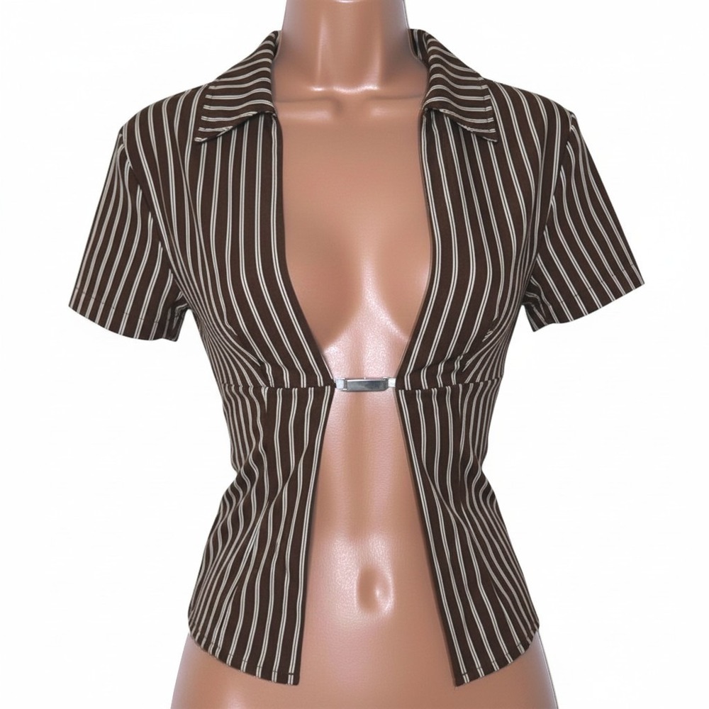 New XS Brown Pin stripe Short Sleeve Open Front Crop Top Metal Clasp Closure